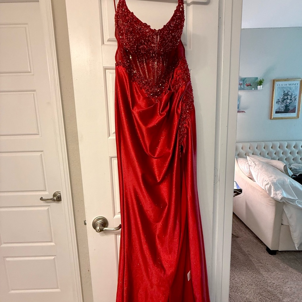 Red Strapless Formal Prom Gown